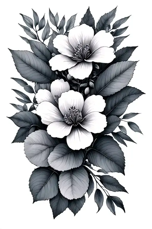 Violet And Primrose and eucalyptus leaves tattoo design idea