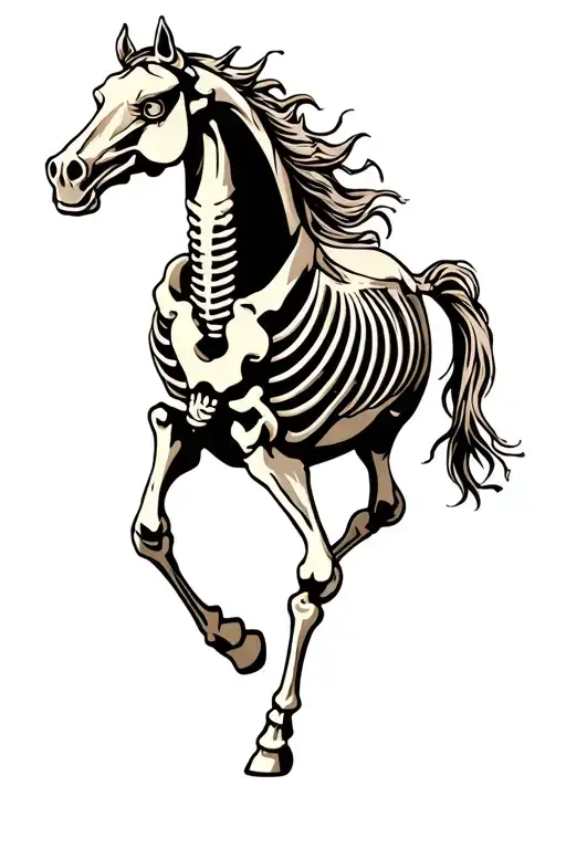 horse skeleton with angry eyes galloping from side view tattoo design idea