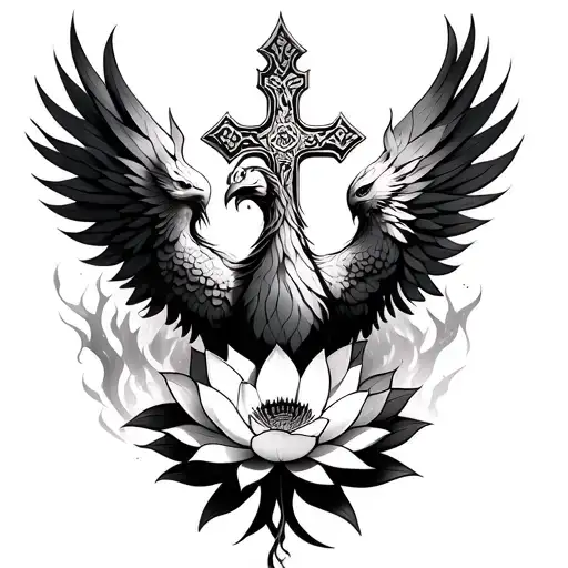 cross phoenix rising from the ashes and lotus flower  tattoo design idea