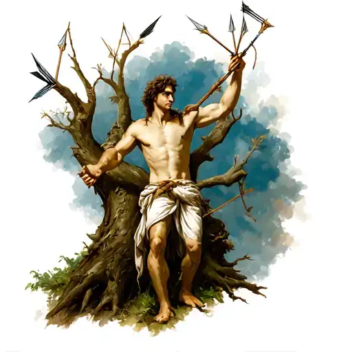 st. sebastian tied to tree shot with arrows tattoo design idea
