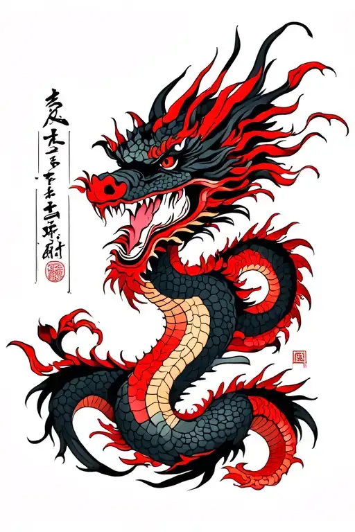 Black and red ink dragon and samurai tattoo for forearm tattoo design idea