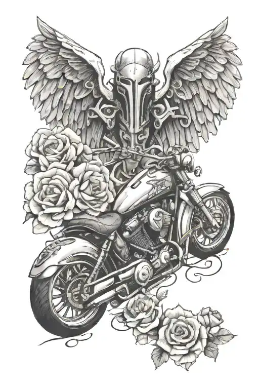 motorcycle, Thor's hammer, Nordic cross, angel, carnations tattoo design idea