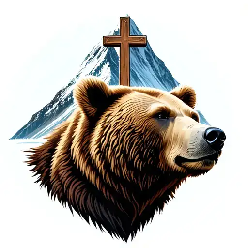 bear head infront of mountain with big big cross  tattoo design idea