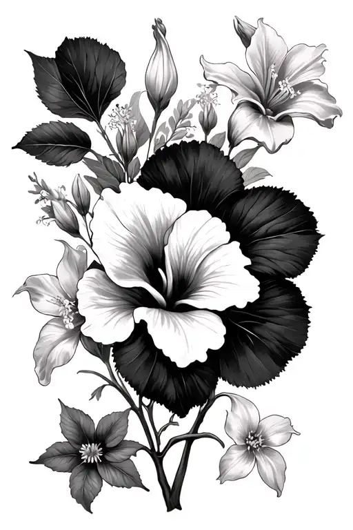 hibiscus, carolina lily, peach blossom, poppy, dogwood, forget-me-not tattoo design idea
