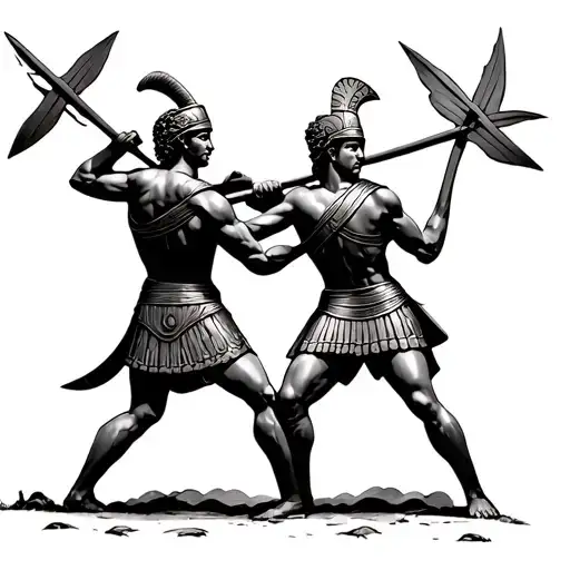 Ancient Greek pottery art, 2 hoplites in battle scene with spears tattoo design idea