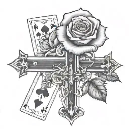 rose behind a cross with playing cards tattoo design idea