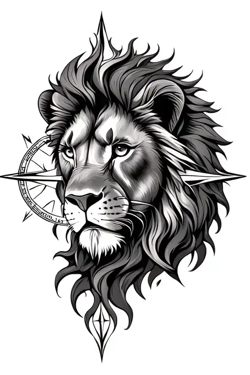lion face, Compass, eye, oak tree tattoo design idea