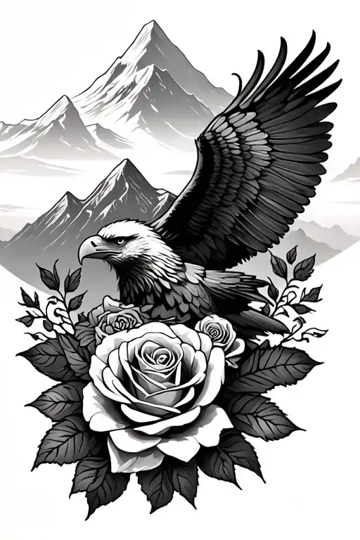 mountains, eagle, roses tattoo design idea