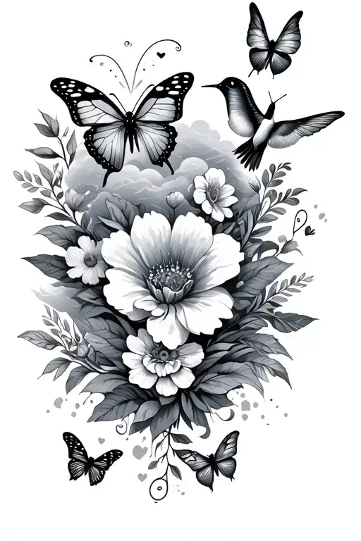 mixture of butterflies, flowers, hearts, dragonfly, hummingbird, and clouds tattoo design idea