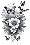 mixture of butterflies, flowers, hearts, dragonfly, hummingbird, and clouds tattoo design idea