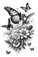 mixture of butterflies, flowers, hearts, dragonfly, hummingbird, and clouds tattoo design idea