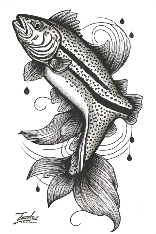 a rainbow trout wearing a scarf with two stripes on the end of it and tassels that are also White tattoo design idea