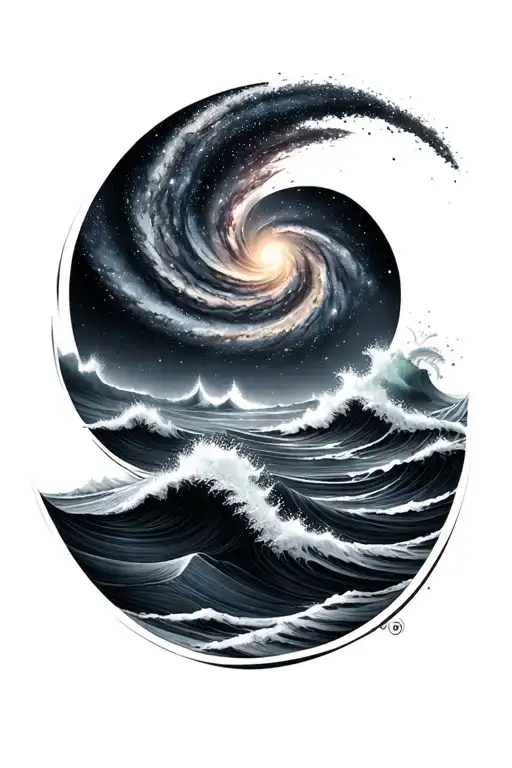 Black and grey sleeve: spiral galaxy above ocean waves, smooth transition, elegant and dark realism. tattoo design idea