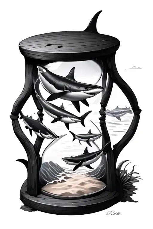 Hourglass with sharks swimming in the sand tattoo design idea