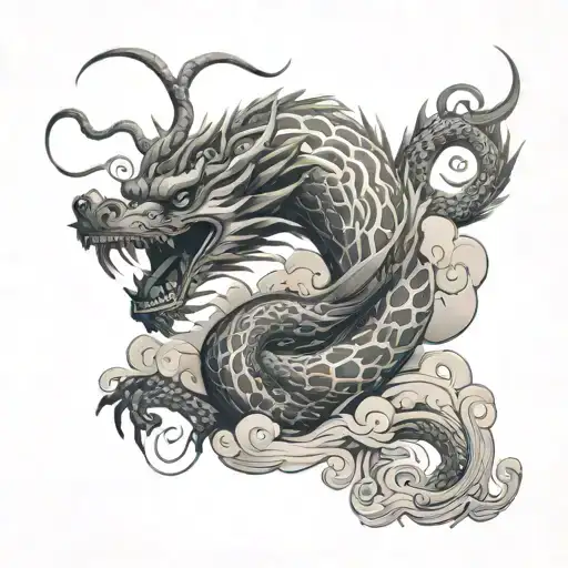 An elaborate tattoo design inspired by Chinese heritage, showing a dynamic dragon flying through swirling clouds above t tattoo design idea