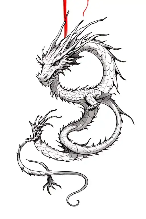 A full body black and white dragon, going upwards with a red string flowing around it tattoo design idea