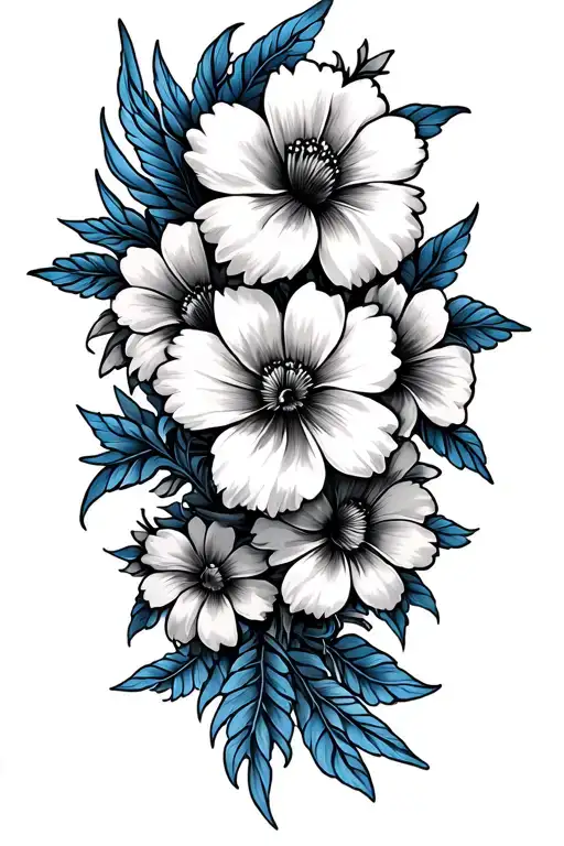 Flower Sleeve Black And Grey With Some Blue Line Work Here And There And hawk Wings Tattoo tattoo design idea