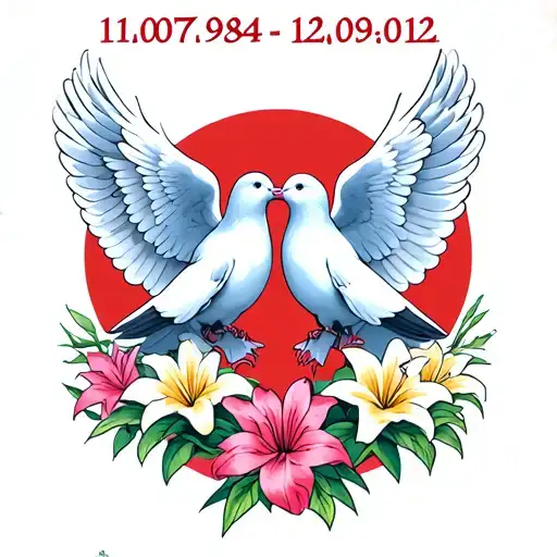 "11.07.1984-12.09.2012" 2 doves flying facing eachother, , angel wings,love,lillies tattoo design idea