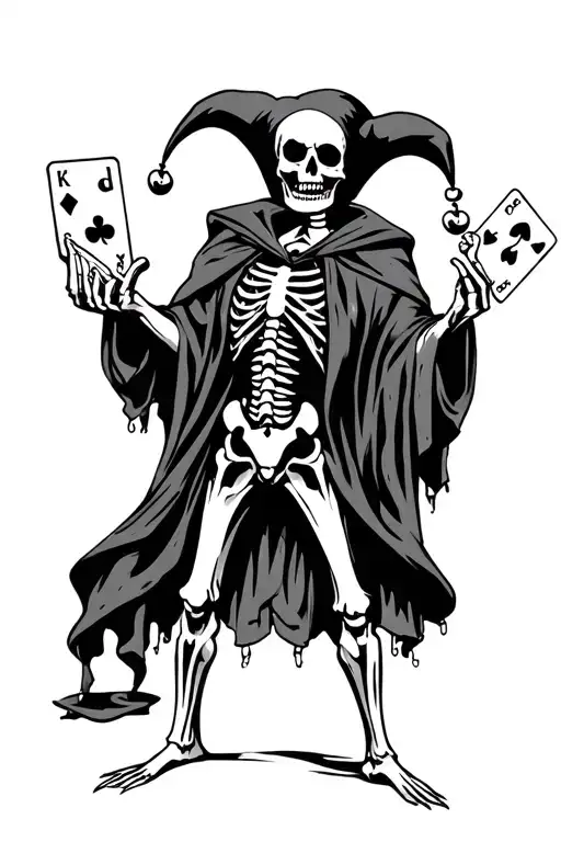 I want a skeleton jester in a cloak holding 4 playing cards with the second card being partially torn tattoo design idea