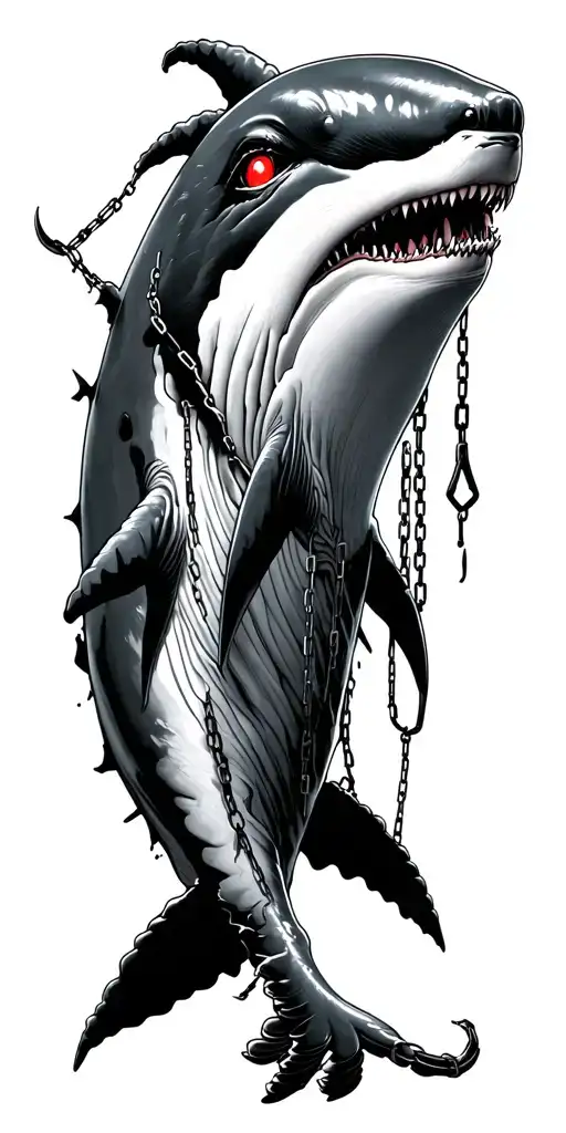A beautifull dark whale with a under ocean ghost eyes glowing red. Chains and harpoons hang broken from its body scary tattoo design idea