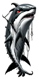 A beautifull dark whale with a under ocean ghost eyes glowing red. Chains and harpoons hang broken from its body scary tattoo design idea