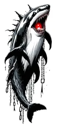 A beautifull dark whale with a under ocean ghost eyes glowing red. Chains and harpoons hang broken from its body scary tattoo design idea