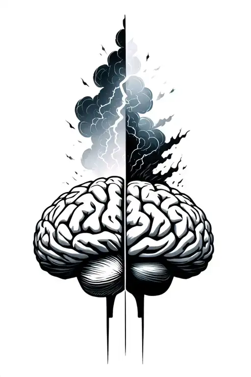 A stylized brain or head with half a storm (lightning, dark clouds, chaos) and the other half gentle tattoo design idea