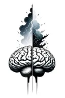 A stylized brain or head with half a storm (lightning, dark clouds, chaos) and the other half gentle tattoo design idea