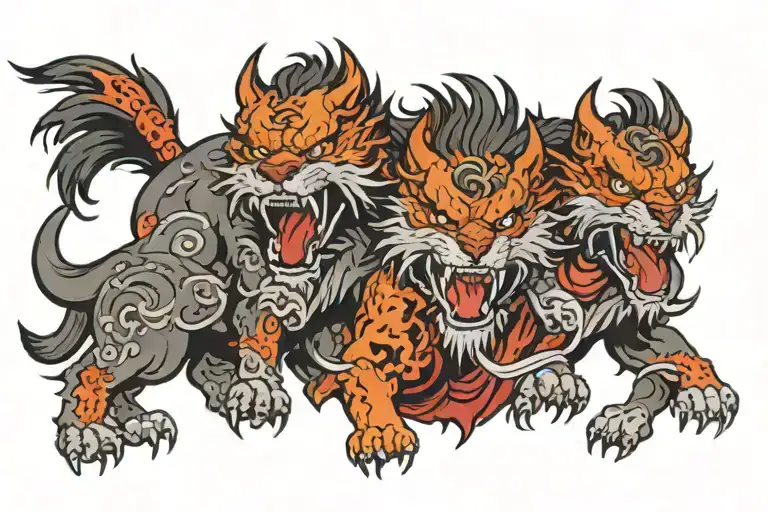 Three-headed Cerberus tattoo for the upper abs: fierce faces, bold outlines, surrounded by Japanese-style clouds, fire,  tattoo design idea