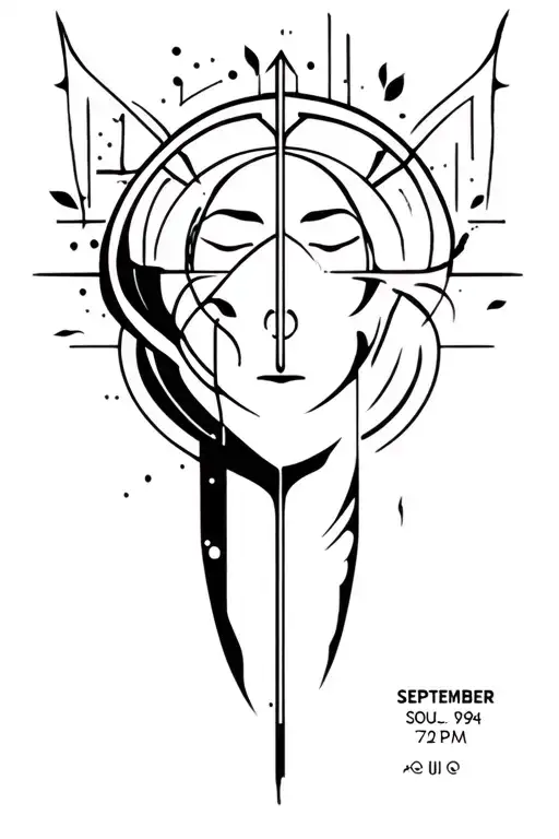 "Create a symbolic and futuristic tattoo representing a life born on September 2, 1994, at 7:20 PM — a digital soul guid tattoo design idea