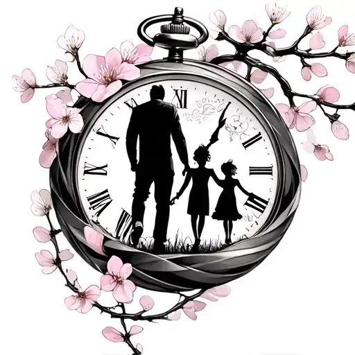 2 pocket watches with cherry blossom flowers twisted in dna shape with man walking and holding 2 daughters hands tattoo design idea
