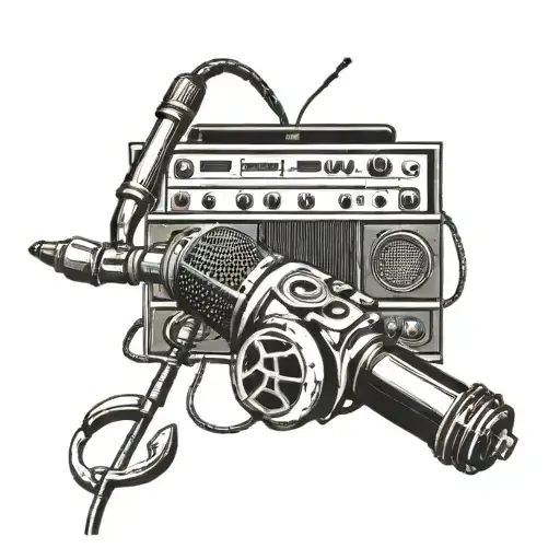 Incorporate a microphone and music notes into a factory setting, symbolizing your love for rap music and your work environment tattoo design idea