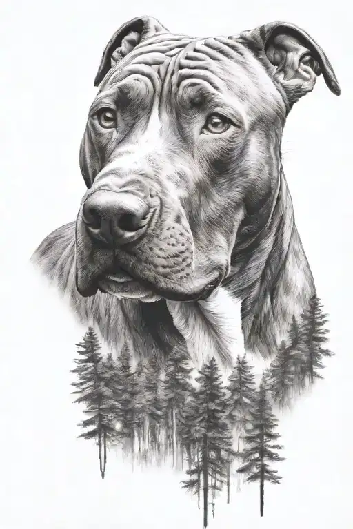 pitbull dog with background of the forest tattoo design idea