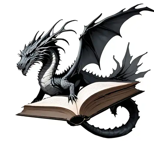 books and dragons flying tattoo design idea