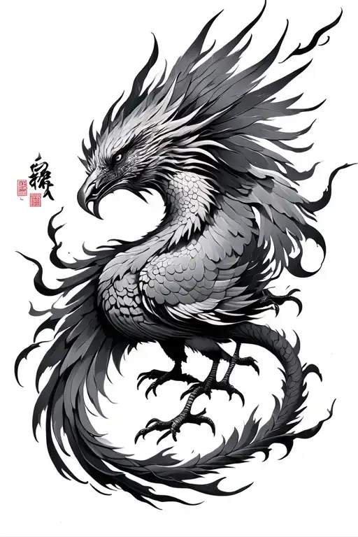 “Black and grey phoenix tattoo in traditional Chinese art style, inspired by Fire Kirin dragon painting. The phoenix sh tattoo design idea