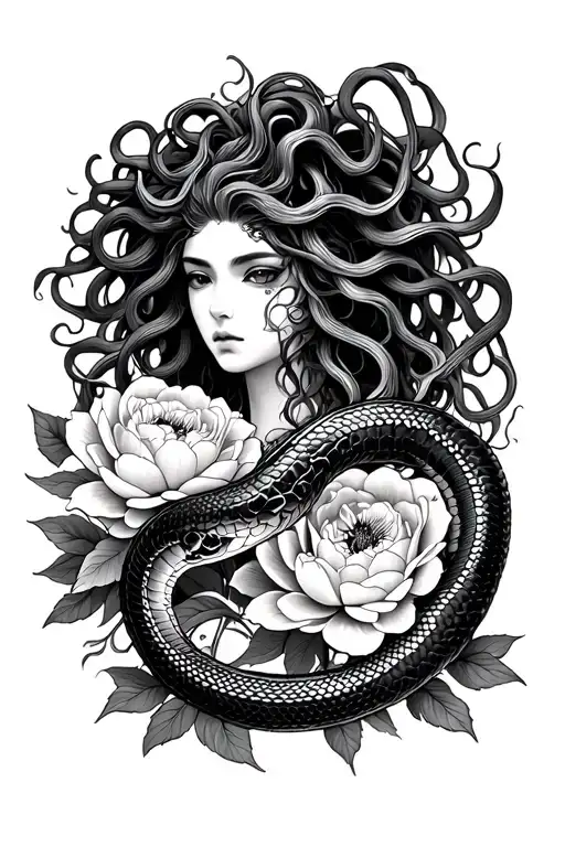 Medusa with snake and peony tradi japanese style tattoo design idea