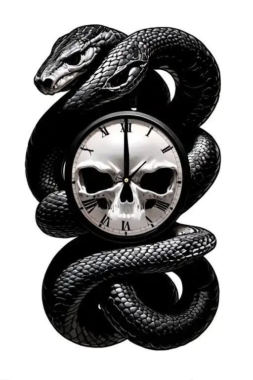 snake wrapped skull clock face tattoo design idea