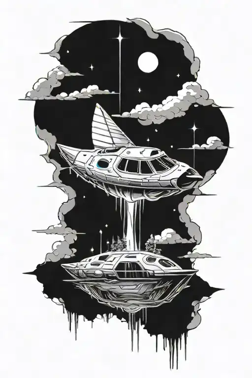 canoe nature alien spaceship flying tattoo design idea