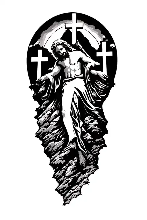mountain with 3 crosses with a big one that has the jesus on top with cliyd behind tattoo design idea
