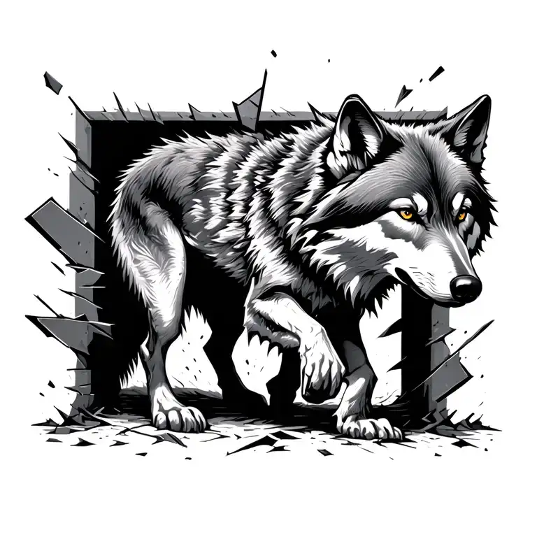 wolf walking through broken jail cell tattoo design idea