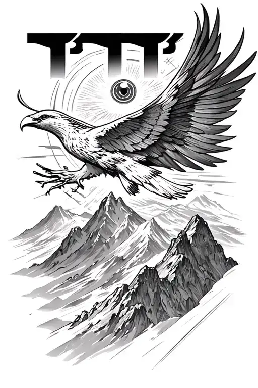 Lines, shadows, a mountain with a flueying aquila, 11:11, process of process, energy, balance and a Turkish eye tattoo design idea