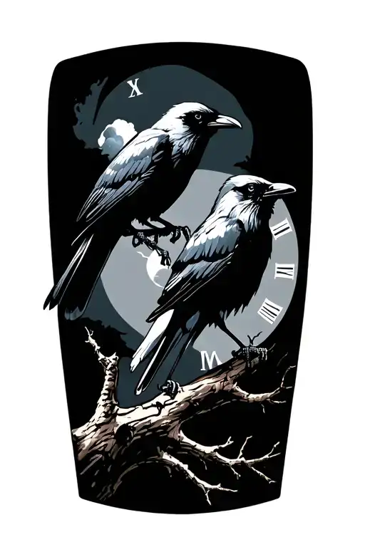 night sky, crows, tree branch, time tattoo design idea