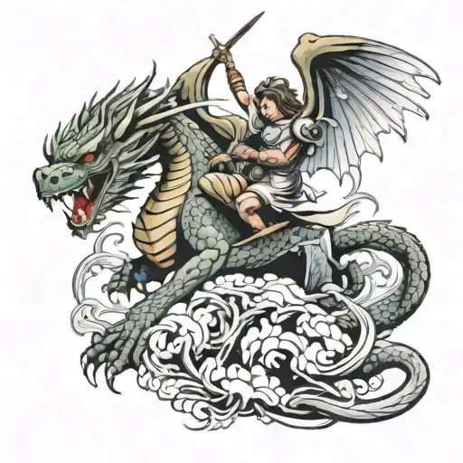 angel fighting a dragon tattoo design idea