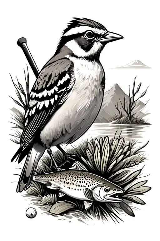 western meadowlark,   cutthroat trout, mountains, water, cactus, roadrunner, golf club, and oro y plata tattoo design idea