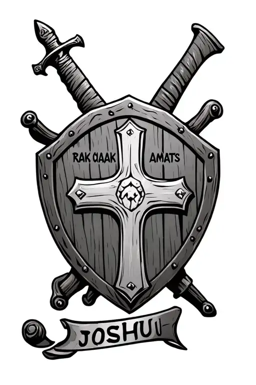 Wooden cross behind a shield with sword. written on the shield RAK CHAZAK AMATS at the bottom write Joshu tattoo design idea
