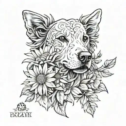 hund links akazie, margerite, ringelblume, Chrysantheme  tattoo design idea