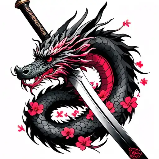 dragon around samurai sword , pink and red cherry blossoms tattoo design idea