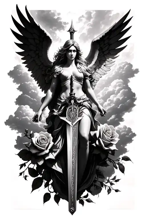 roses and a Virgo angel with FF7 Vloud sword, ascending into the heavens and clouds  tattoo design idea