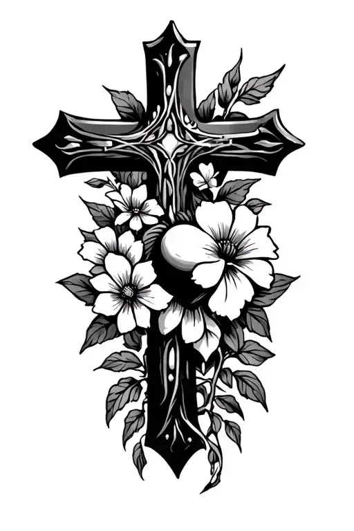 Cross, flowers, and a heart tattoo design idea