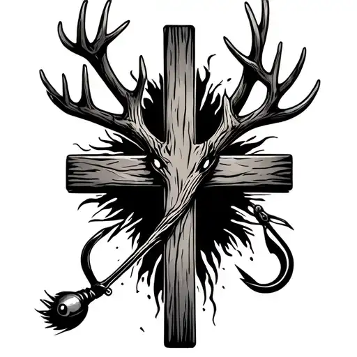 old rugged cross with antlers and fishing hook tattoo design idea
